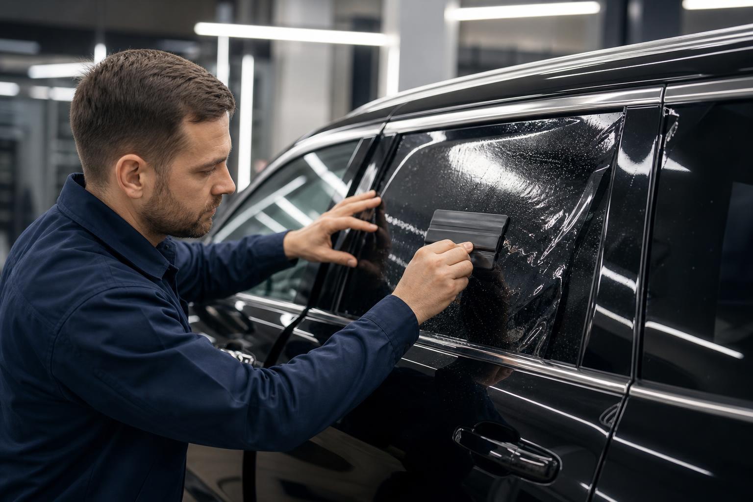 Technicien RepairGlass posant un film teinté sur la vitre latérale d'un véhicule premium